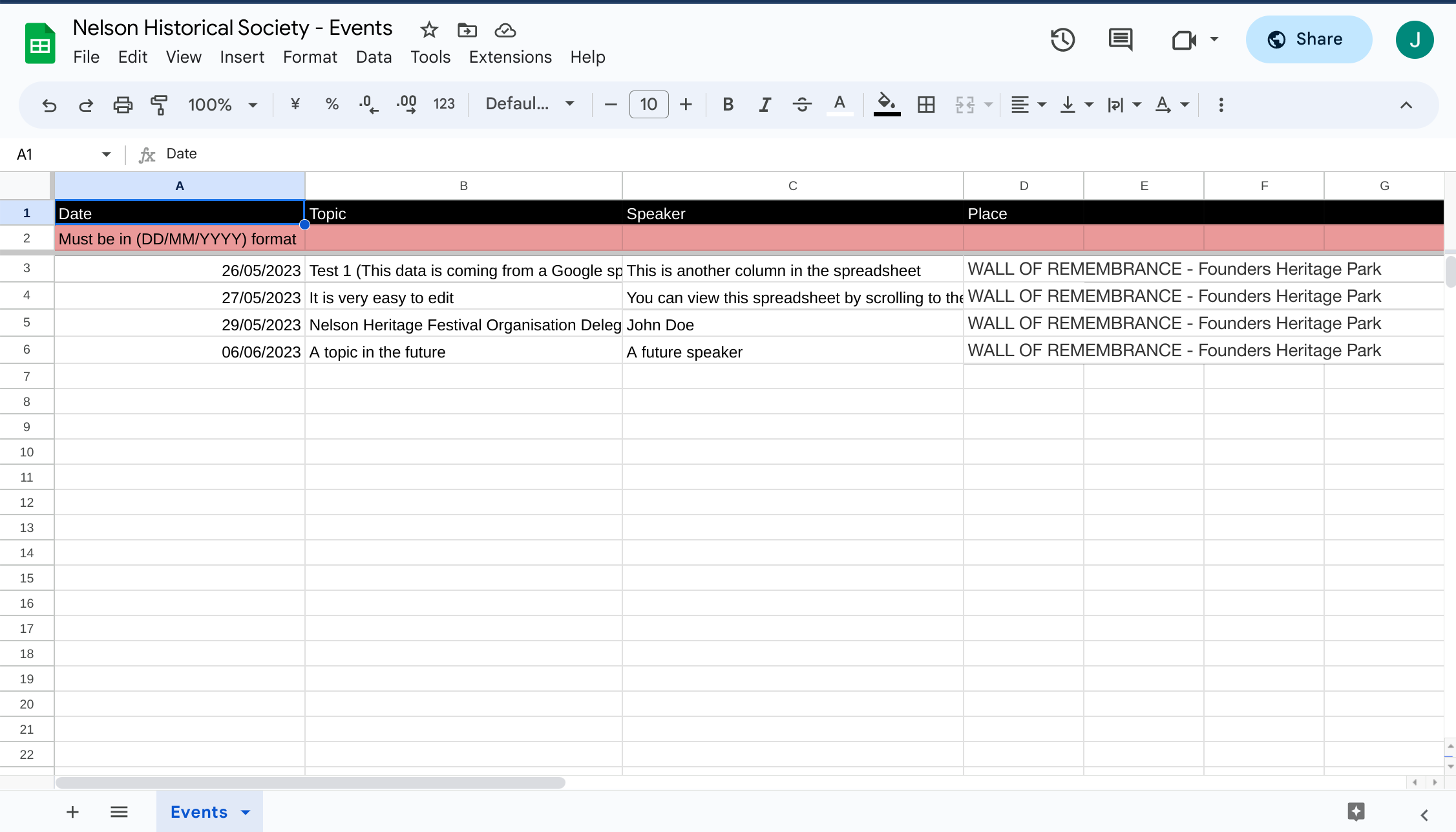 Nelson Historical Society Updating through Google sheets spreadsheet
